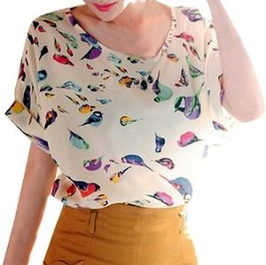 VOBAGA bird printed short sleeve chiffon top (M)